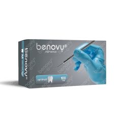 Перчатки BENOVY нитриловые, ГОЛУБЫЕ, текстурированные на пальцах, 3,0гр, L (100пар) М+